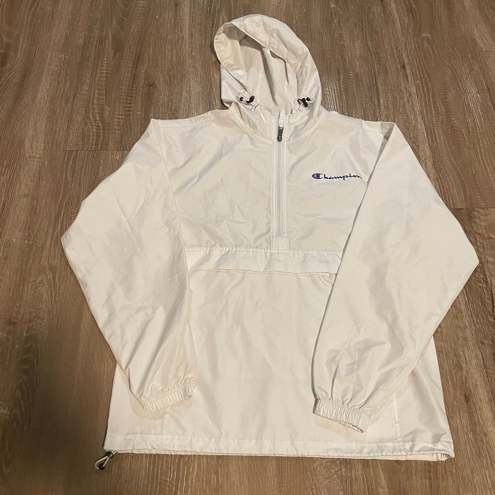 Champion Mens Windbreaker Jacket Size Small Off White Polyester Half Zip Hooded